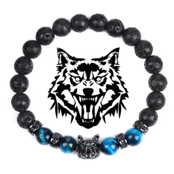 Wolf Charm Bracelets Men Natural Black Lava Stone Bracelets Brave Tiger Eye Bracelets Women Elastic Jewelry 8 mm Beads Pulsera
