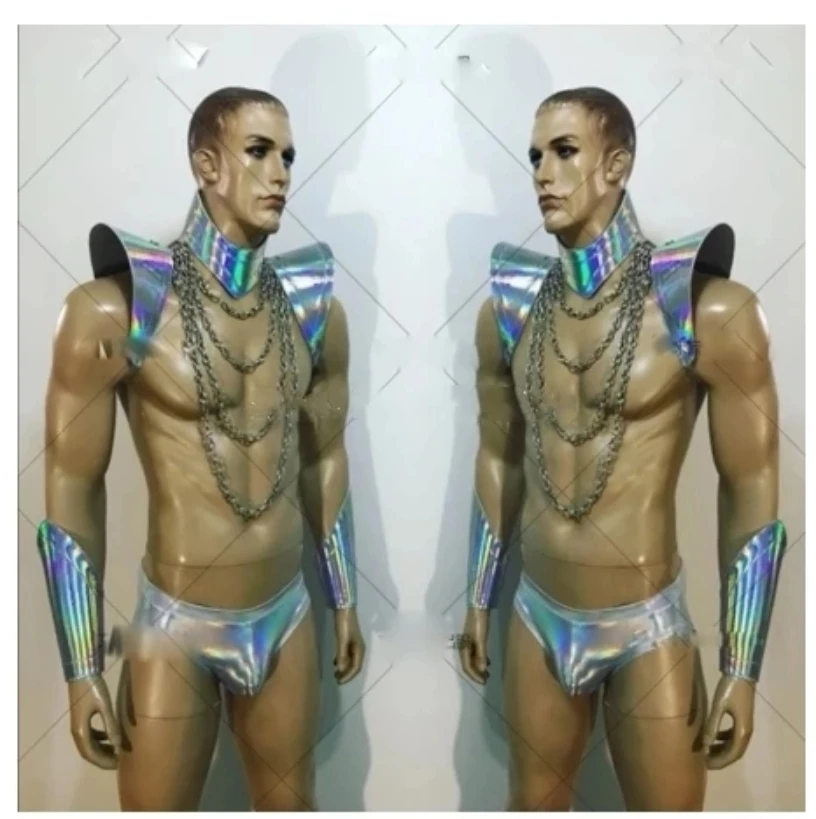 New Future technology Men women space silver metal mirror silver leather costumes nightclub bar gogo female stage costume Set