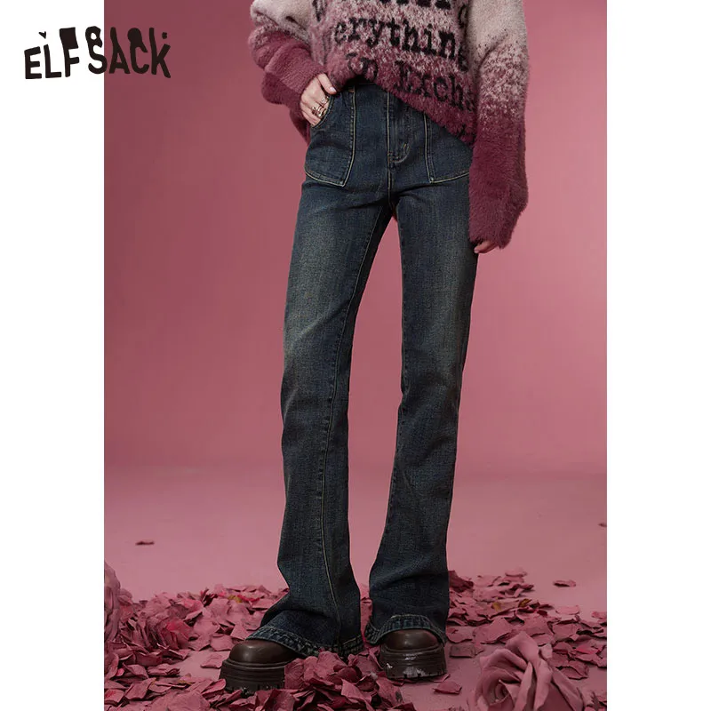 

ELFSACK Korean Fashion Flared Trousers Women 2023 Winter Slim High Waist Retro Luxury Jeans