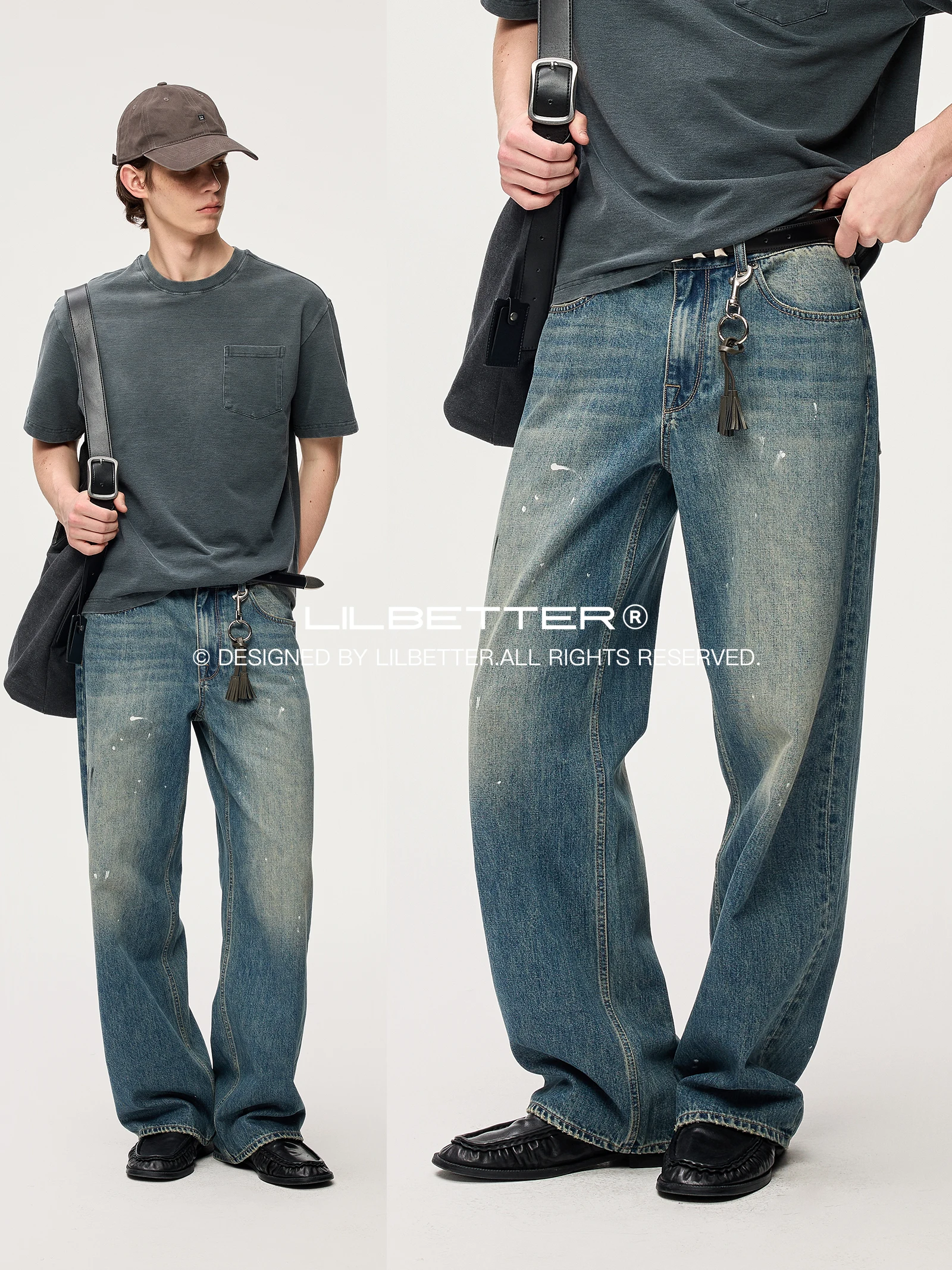 Lilbetter Vintage Washed Cotton Denim Jeans Loose Straight Leg Torn Hem Diagonal Stripe Casual Fashion Urban Style Jeans