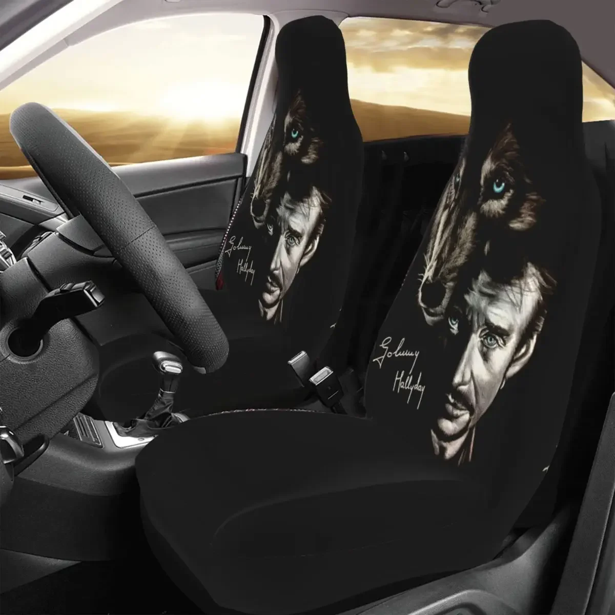 Johnny Hallyday And Wolf Front Auto Seat Cover Print France Singer Rock Star Car Seat Covers Universal Fit for SUV Sedan 2 PC