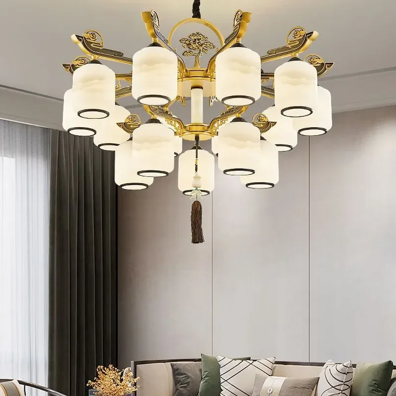 New Chinese Style Zinc Alloy Jade Ceiling Fan Light Retro Zen Chandelier for Living Room Hotel Villa