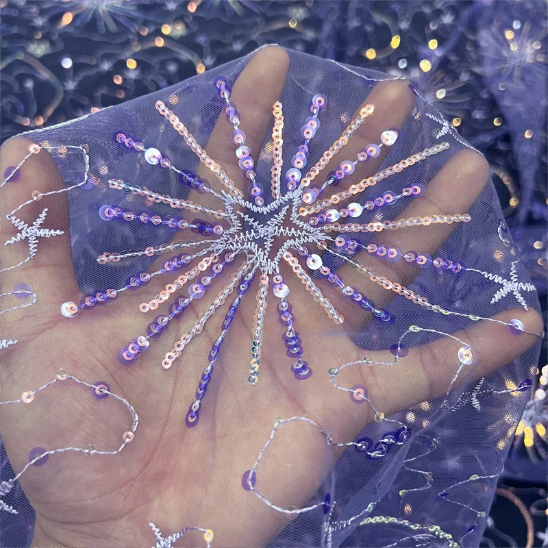Tissu brodé de sequins dorés, étoiles violettes rêveuses et lune, pour robes en dentelle, costumes de spectacle, décoration DIY