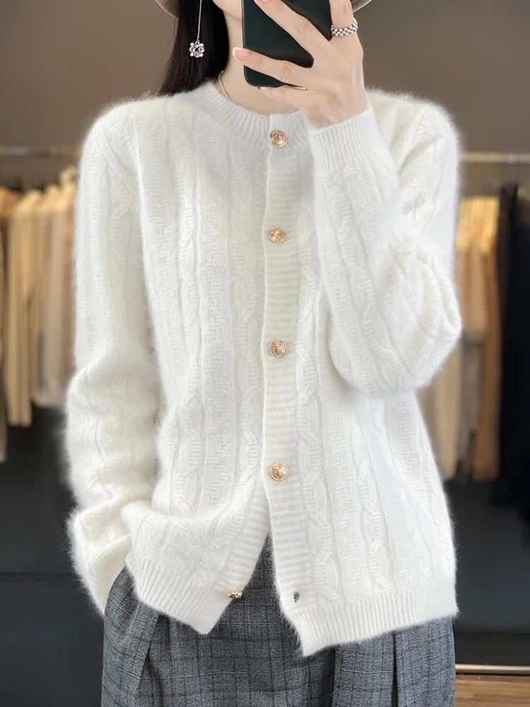 New Chic Twist Flower Women Sweater Long Sleeve O-neck Cardigan 100% Merino Wool Soft Warm Cashmere Knitwear Korean Fashion Tops