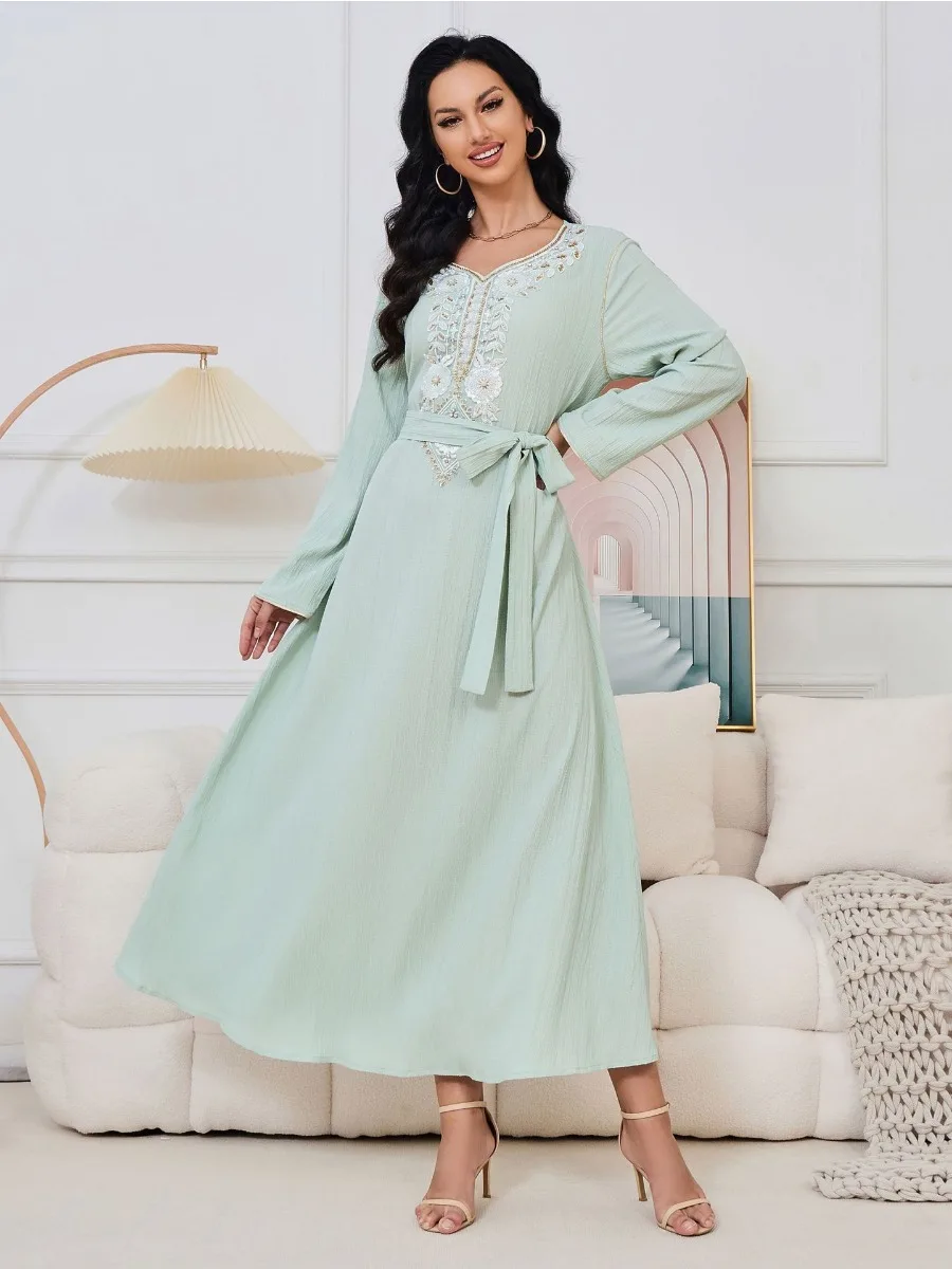 Eid Arab Muslim Party Dress for Women Abaya Beading Jalabiya Long Dresses Morocco Kaftan Vestidos Dubai Ramadan Gown Robe 2024