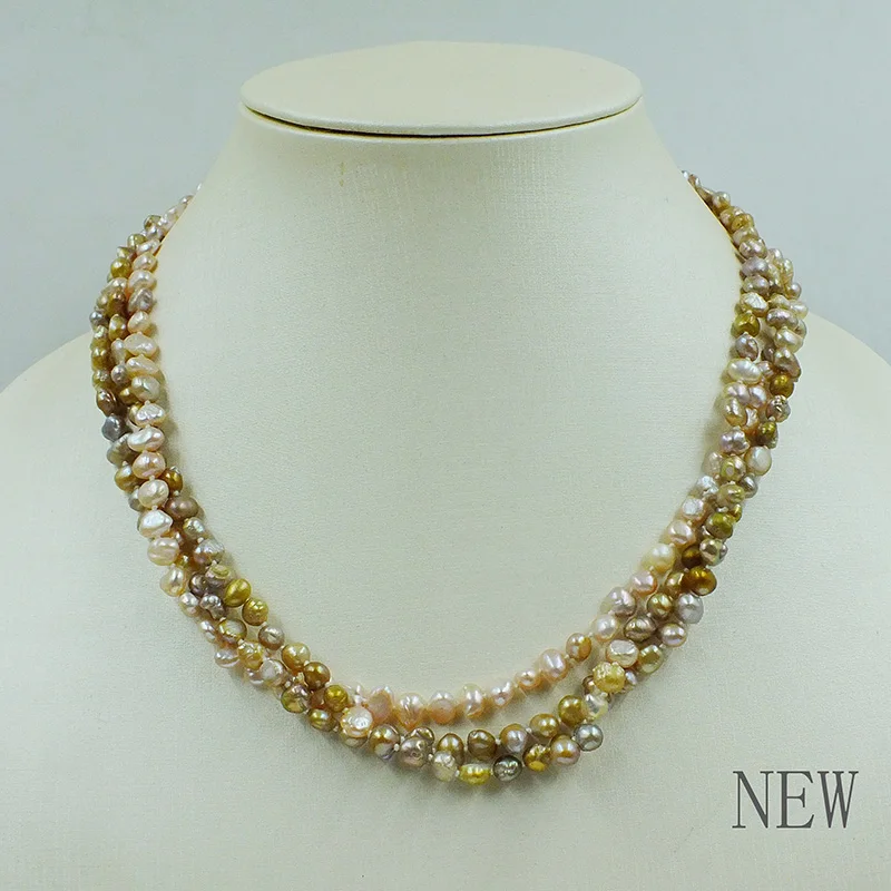 

3 strands of 4mm natural purple Baroque pearl necklace. Classic jewelry for women's parties. very rare 17”