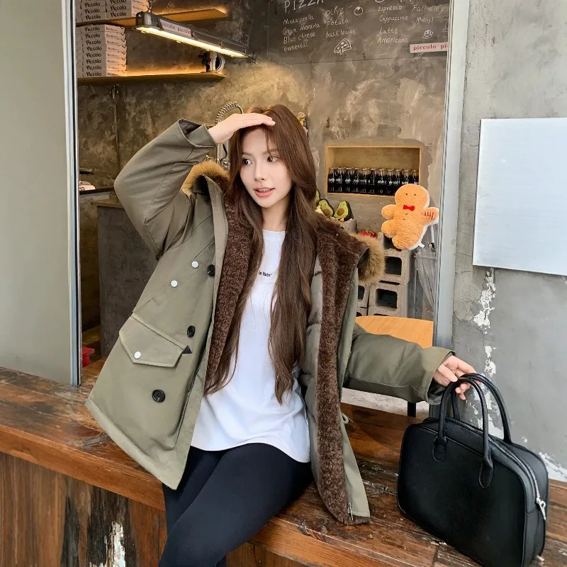Winter Padded Jackets Women Large Faux Fur Hood Loose Windproof Insulated Thickened Pockets Workwear Style Mid Length Coats