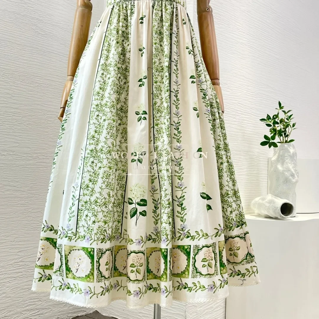 2025 Nuevo vestido midi plisado sin mangas con estampado de rosas verdes y flores delicadas
