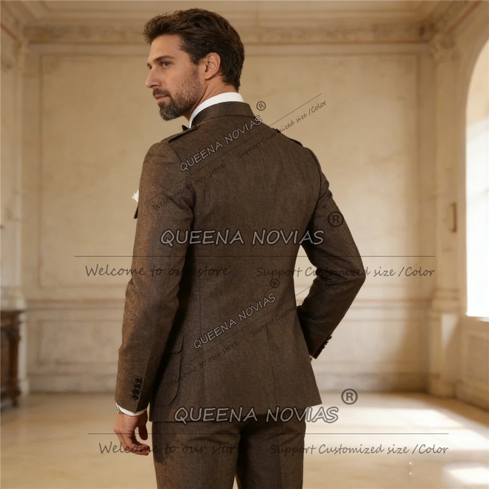 Classic Brown Suits Men Safari Style Jacket Pants 2 Piece Sets Groom Formal Wear Blazer Customized Groom Tuxedos Costumes Hommes - view 2