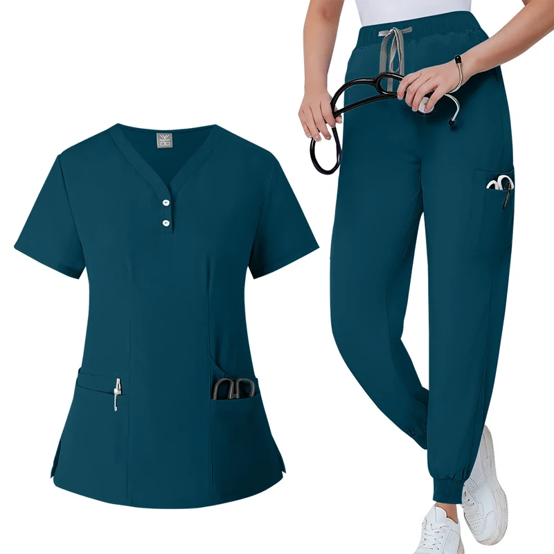 Men Women Doctors Nurses Surgical Suit Solid Color V-neck Pocket Elastic Quick-drying Top+pants Oral Dental Surgery Uniform Set