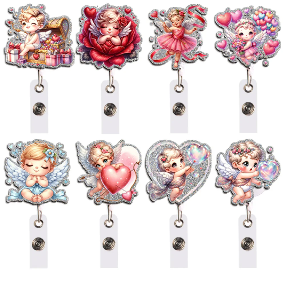 Glitter Acrylic Retractable Badge Reel Angel Cupid ID Card Holder Lanyard Clip Office School Badge Accessories