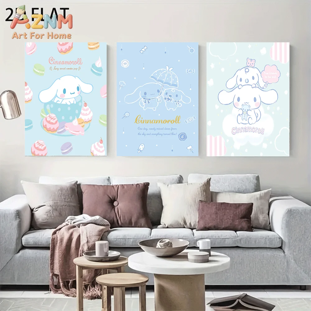 AZNM Cinnamoroll Canvas Wall Art Unframed Cute Cartoon Print Poster Macaron Cake Umbrella Cloud Friends Design for Girls Bedroom