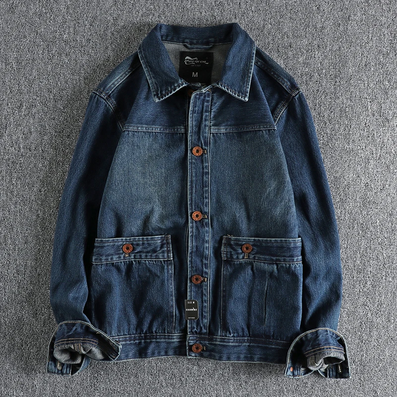 Heavy vintage do old Khaki motorcycle denim jacket men\'s cargo pocket trend all-match youth coat