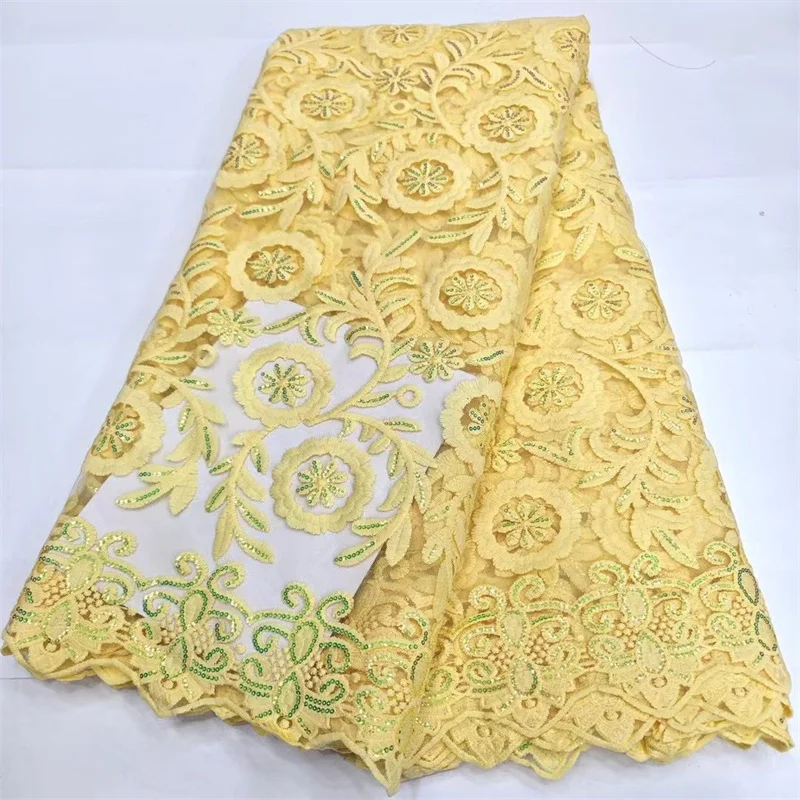 

African Sequins Lace Fabric 2024 Yellow High Quality Eembroidery French Nigerian Mesh Lace Fabrics For Wedding Dress Sewing