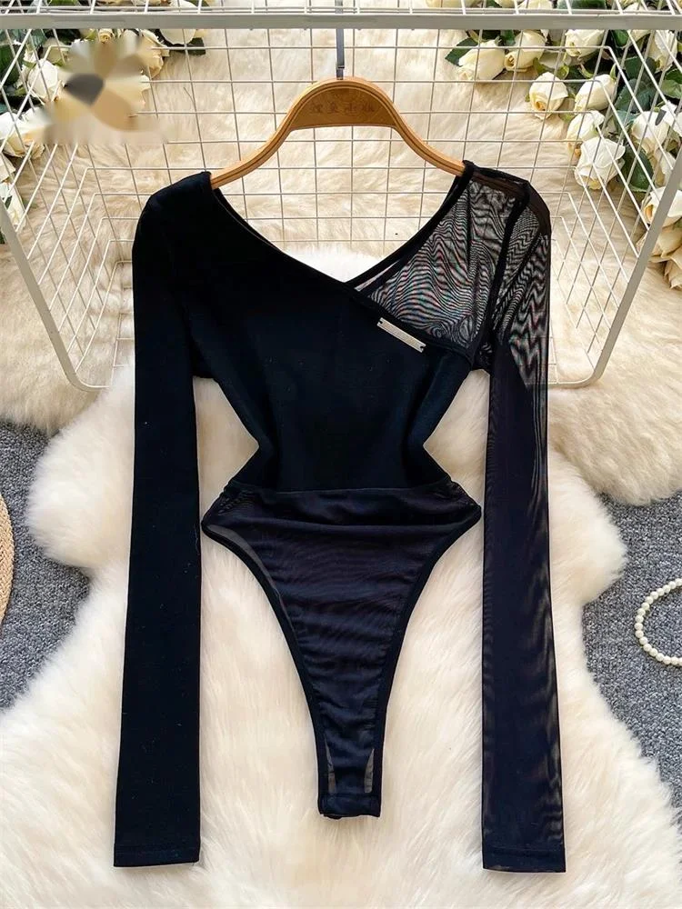 

Боди из сращенной сетки, женские прозрачные сексуальные топы с v-образным вырезом и длинными рукавами, уличная одежда, тонкие прозрачные комбинезоны для аэриканов