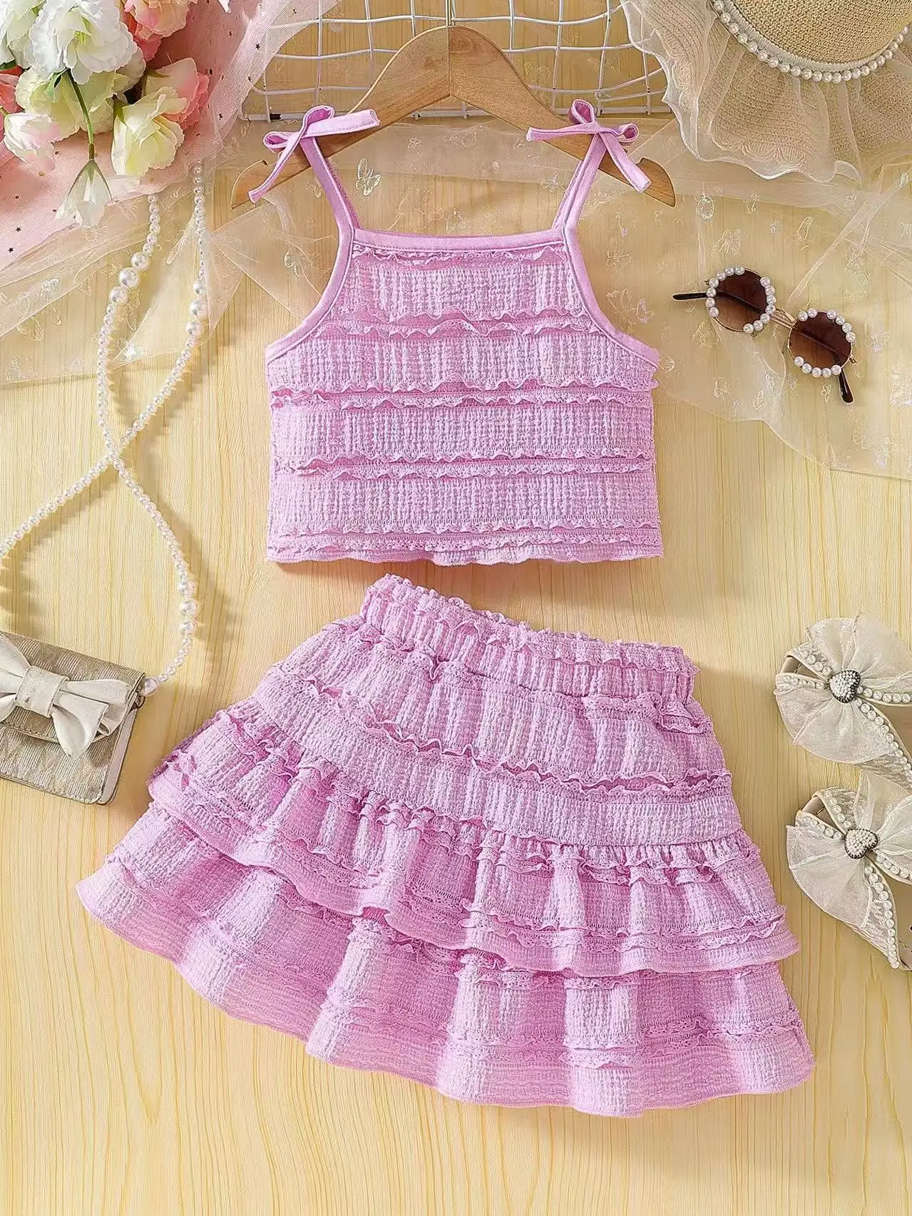 

Korean Version Summer Pink Sweet and Cute Bow Lace Camisole Top+pleated Skirt Two-piece Set Kids Outfits