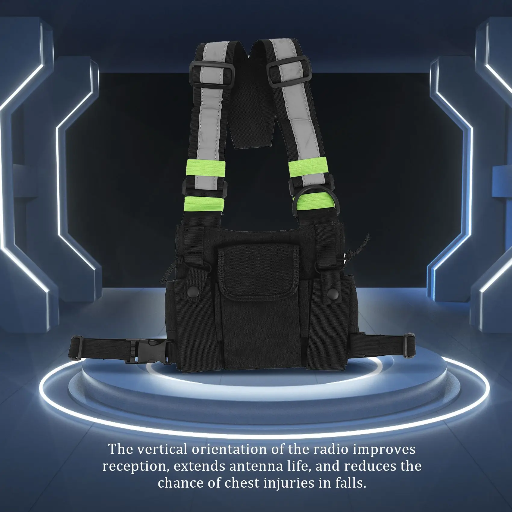 UV-5R用無線機ポケットラジオチェストハーネスチェストフロントパックポーチベストリグキャリーケース（ブラック+グリーン）