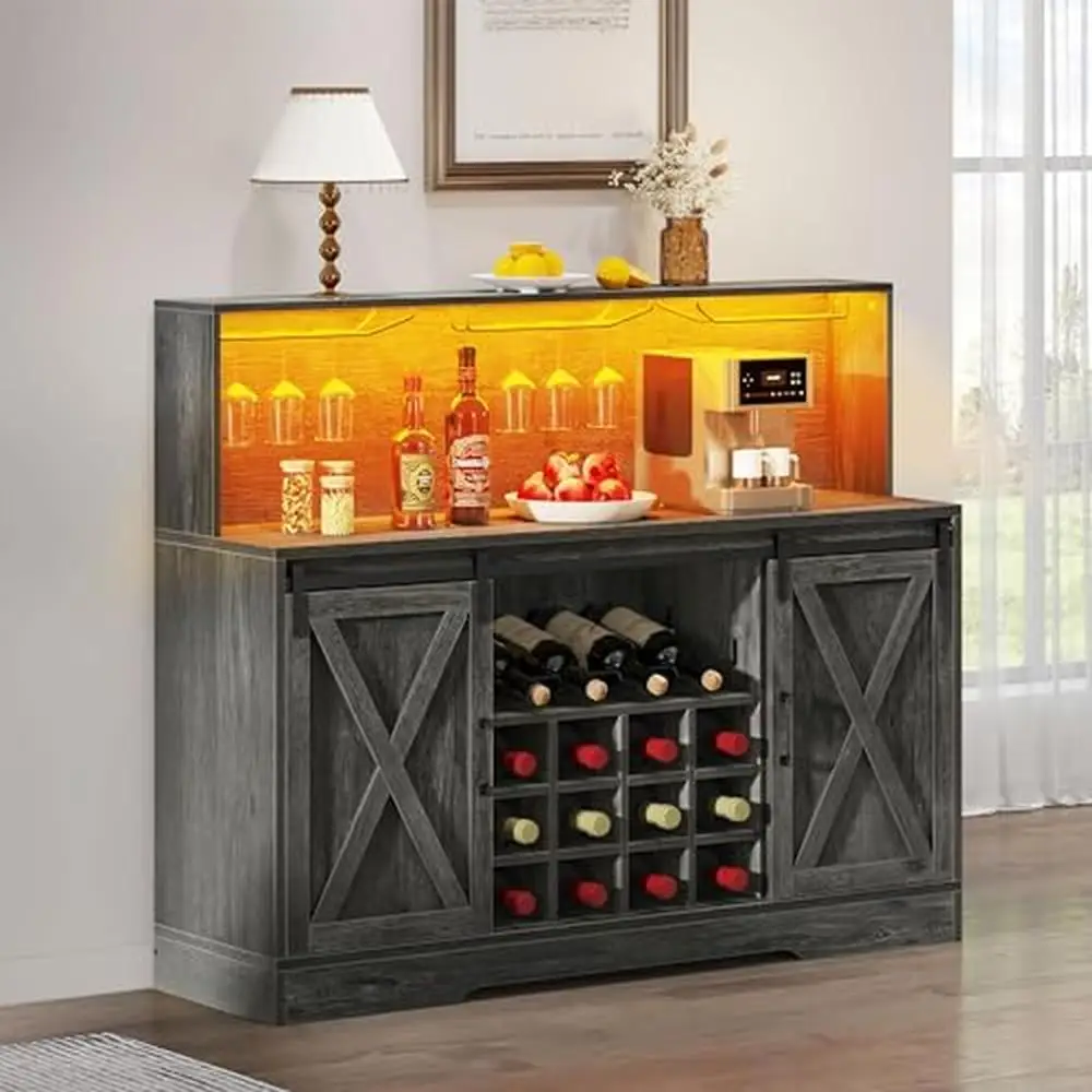 

Coffee Bar Cabinet w/ Power Outlets LED Lights Sliding Barn Door Wine Glass Rack Home Organizer Storage Buffet Sideboard Display