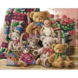 Bear Family Cartoon Cross Stitch DIY Embroidery Kit Aida 14CT 16CT 11CT White Fabric Printed Fabric Needle and Thread Sewing Set