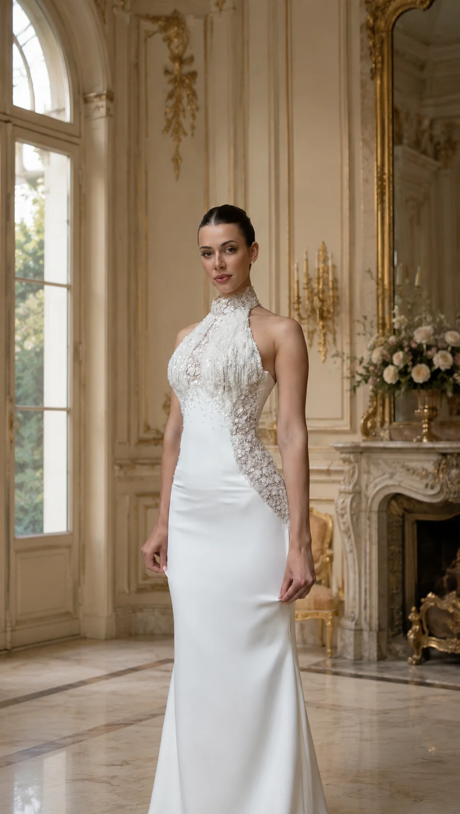 2026 Luxury Satin Wedding Dresses Halter High Neck Handmade Beading Lace Trim Mermaid Open Back Sweep Train Elegant Bridal Dress