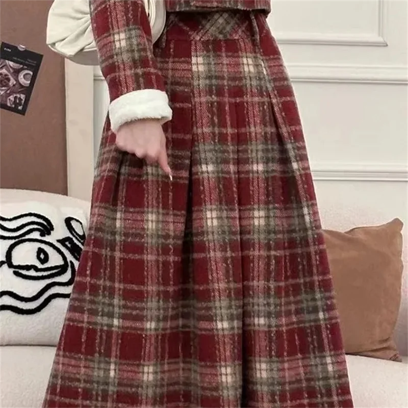 Spring and Autumn New Vintage plaid Plush Long Sleeve Splicing Short Coat+High Waist Long Skirt Set Plaid Two Piece Set Fashion