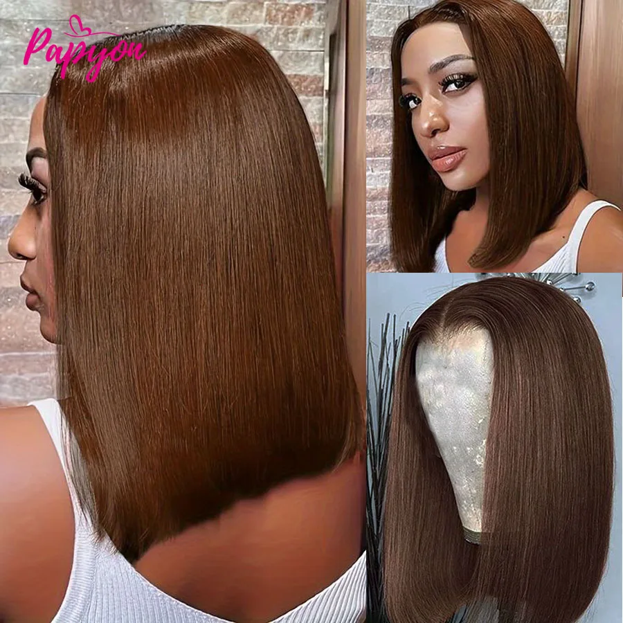 Kurze Bob-Perücke, schokoladenbraun, leimlose Perücke, Echthaar, bereit zum Tragen, gerade, gefärbt, 4 x 4-Spitzenverschluss, Echthaar-Perücken für Frauen – Detail 5