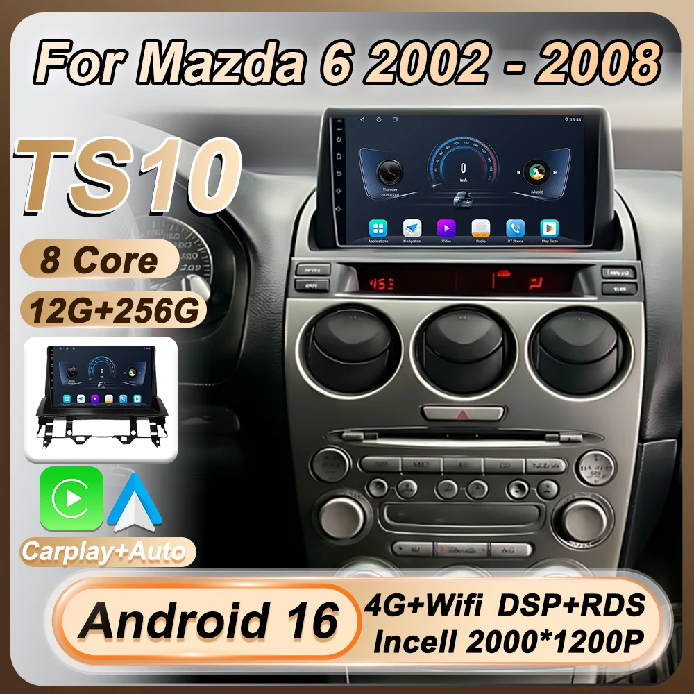 

Стерео-магнитола для Mazda 6 2002-2008 с беспроводным CarPlay, Android Auto, GPS, разделенным экраном, Bluetooth, FM, RDS, без 2DIN