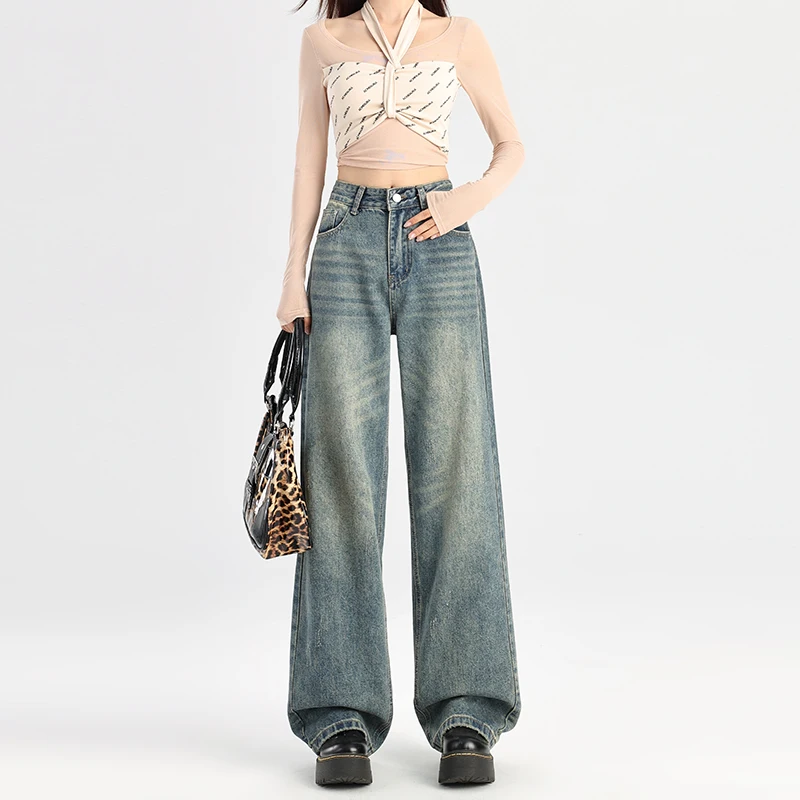 

Interior real shot design American jeans retro blue wide-leg loose straight pants floor trousers&Extended