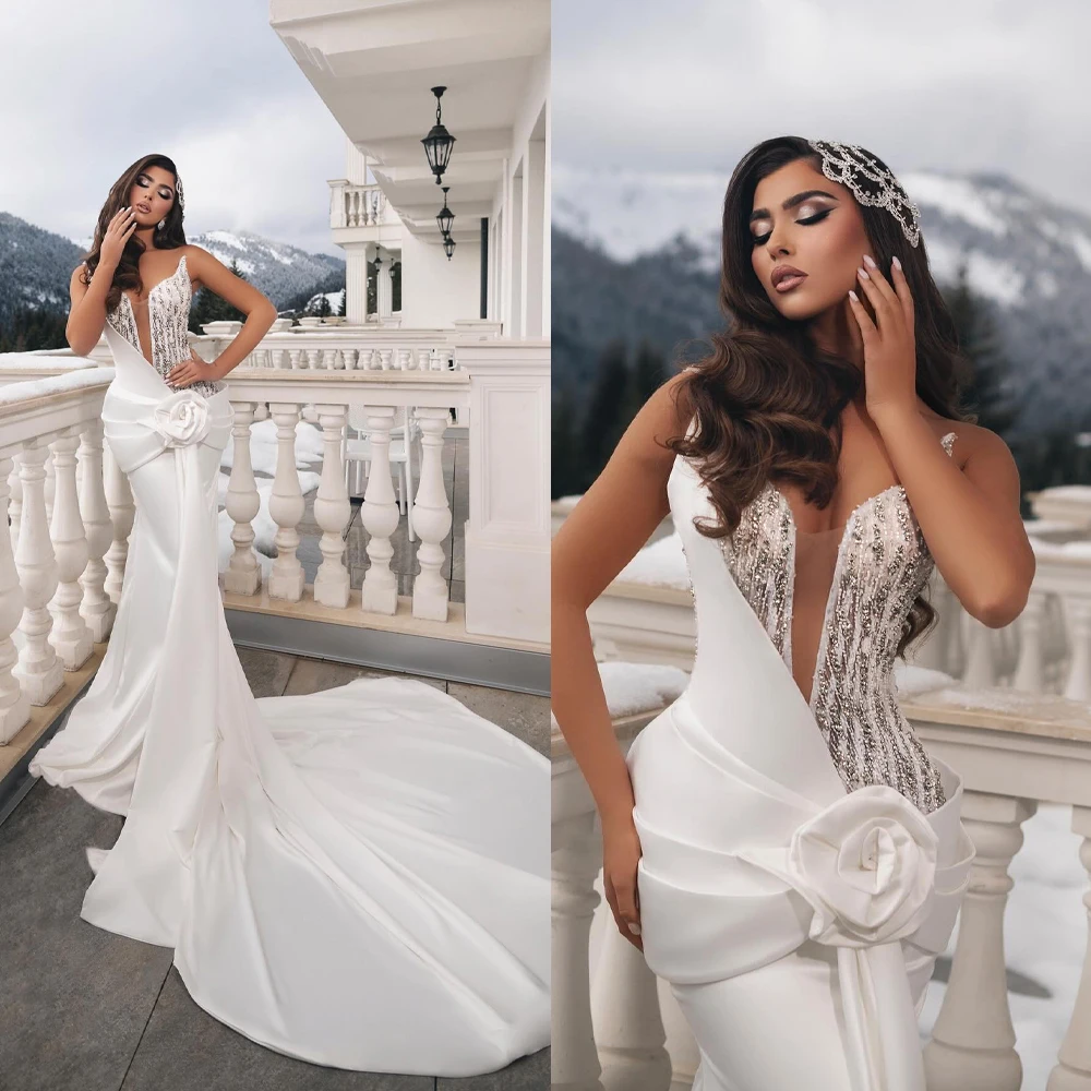 Simple Wedding Dresses Strapless Sequins Mermaid Bridal Gowns Rhinestone Sleeveless Slim Fit Customized Vestidos De Novia