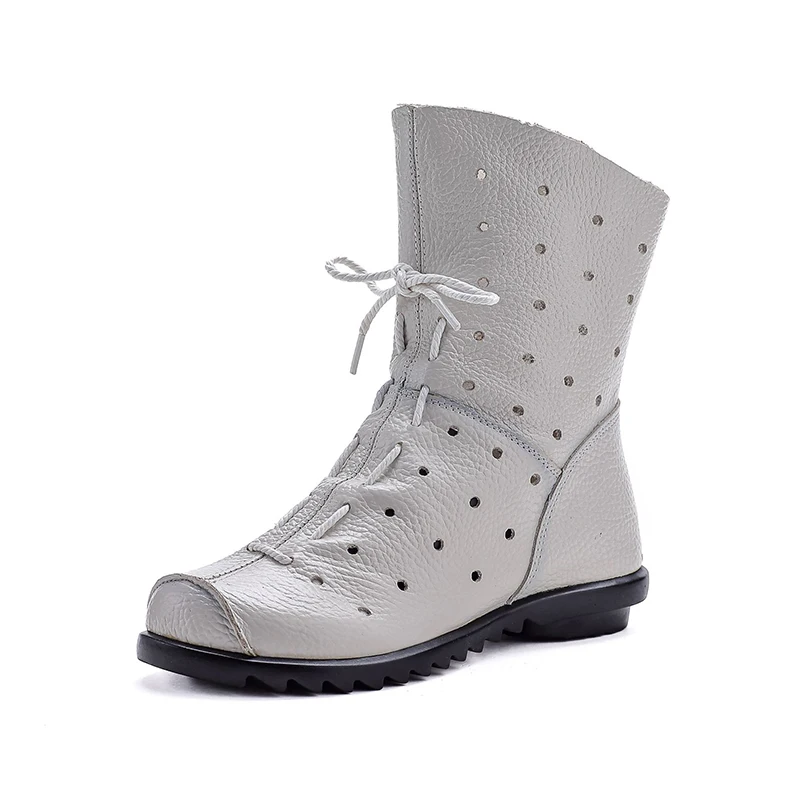 Weiße, halbhohe Damen-Lederstiefel mit Hohlmuster, dünn, atmungsaktiv, weiche Sohle, Obermaterial aus Rindsleder, runde Zehenpartie, seitlicher Reißverschluss – Detail 10