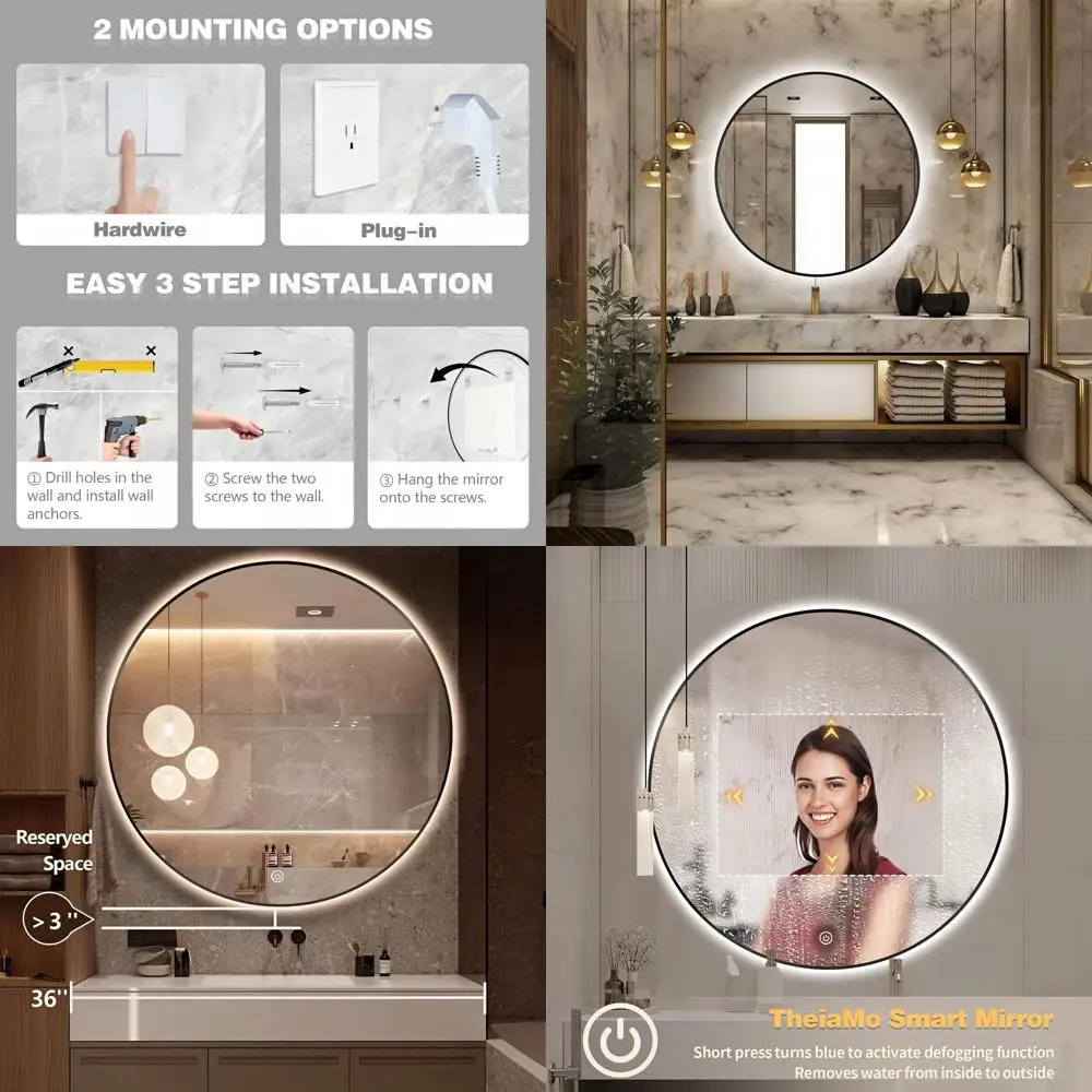 

36-дюймовое круглое светодиодное зеркало для ванной, настенное зеркало с подсветкой и 45-дюймовой рамой ° Зеркало со скошенными краями и подсветкой для спальни, 3-цветное, D-образное