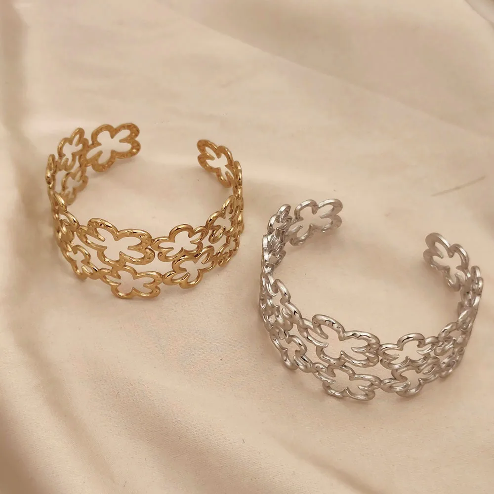 

Temperament Stainless Steel Hollow Flower Open Bracelets for Women Men Elegant Texture Metal Floral Cuff Bangle Wedding Jewelry