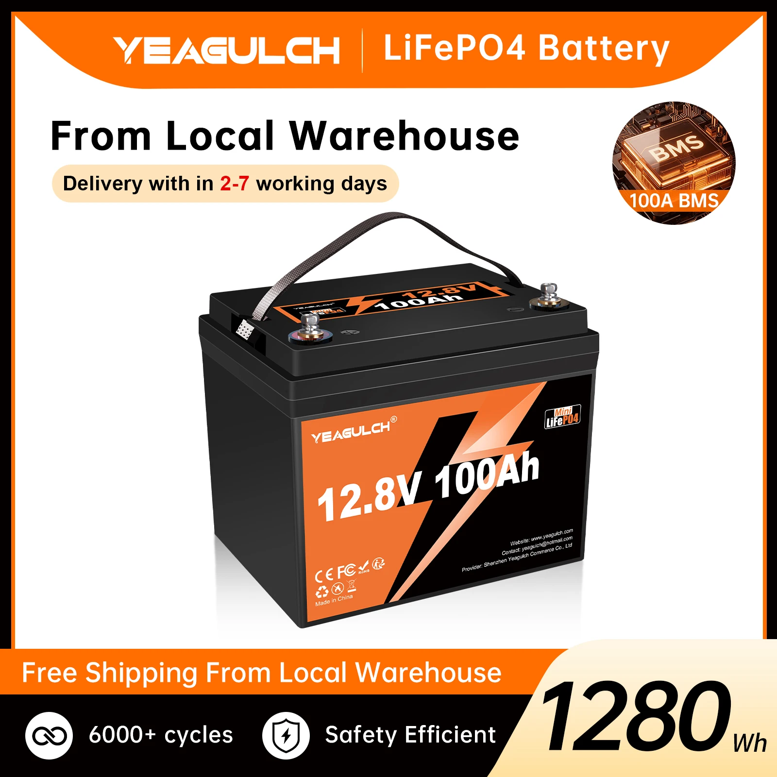 Yeagulch 12.8V LiFePO4 Lithium Battery 100Ah Mini Max Built-in 100A BMS 1280Wh Power Output Perfect for Solar Off-grid System