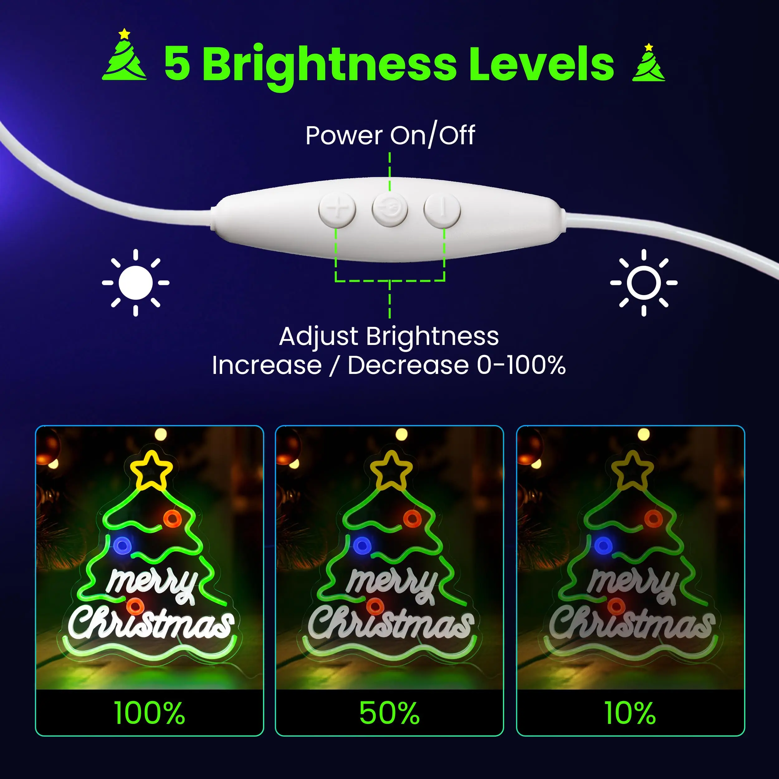 Christmas Tree Neon Sign with Dimmable Switch USB Powered LED Light for Window Wall Bar and Party Home Holiday Decorations