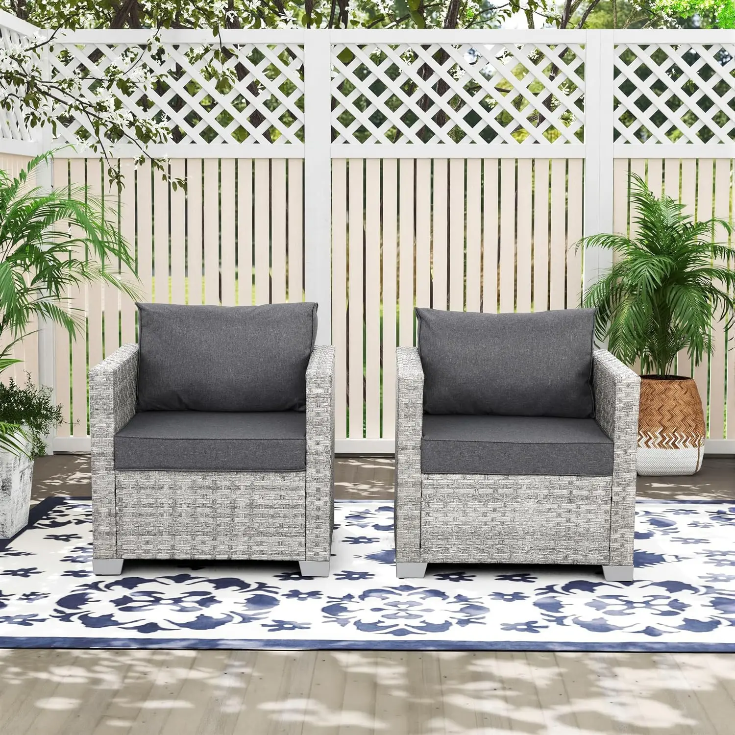 Wicker Patio Chair Set of 2, Deep Seating Armchair with Grey Cushion for Porch Balcony Outdoor Furniture, Customized