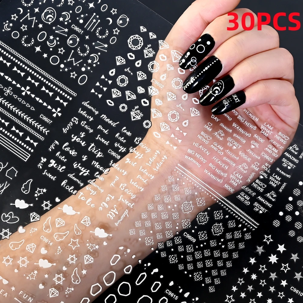 

30 Sheets Metal Silver Nail Stickers Metallic 3D Star Nail Art Stickers Decals Self-Adhesive Nail Art Stickers Metal Chain Heart