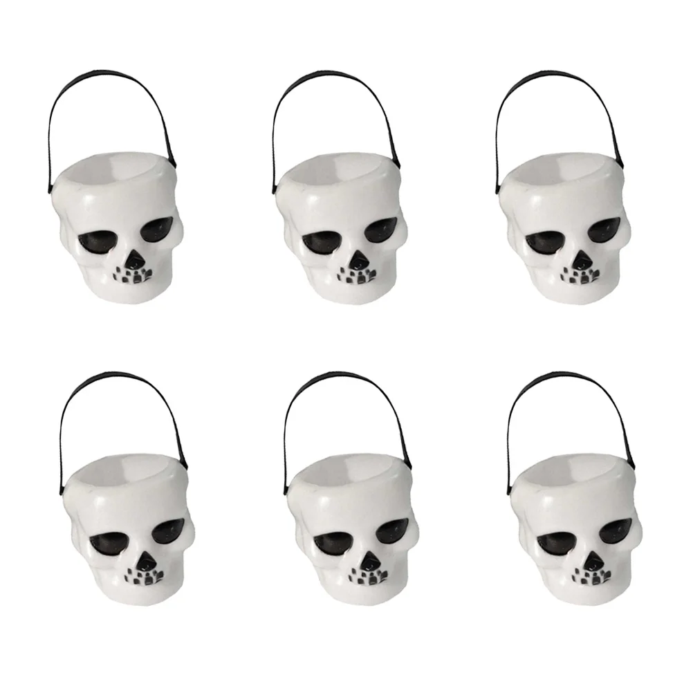 6pcs 6x55cm Halloween Candy Bucket Skull Heads Shaped Trick or Treat Candy Pail Holder (White) halloween candy holder