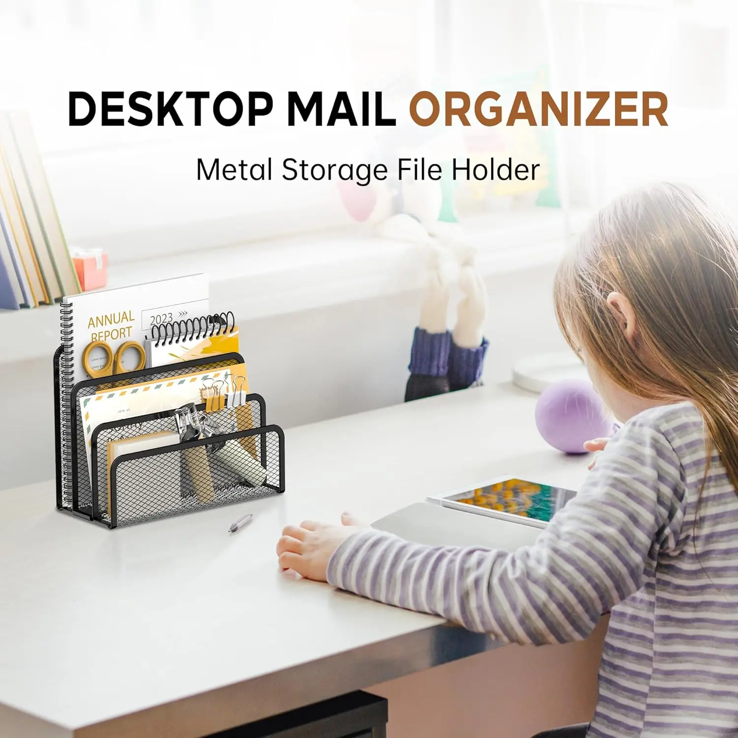 Mesh Metal Mail Organizer for Desk, 3-Slot Letter Sorter File Holder, Countertop Envelope Organizer for Office (Black) view 4