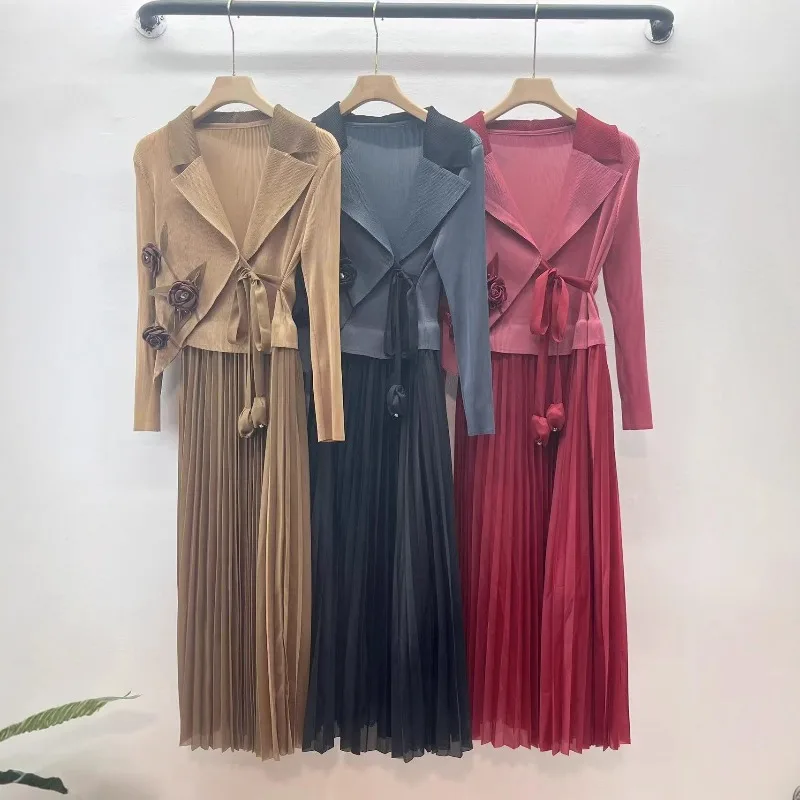 Miyake Plissee Afrikanische Frauen Plus Größe Kleider Hals Taille Stereoskopische Blume Dekoration Lose Elegante Dehnbare Lange Rock