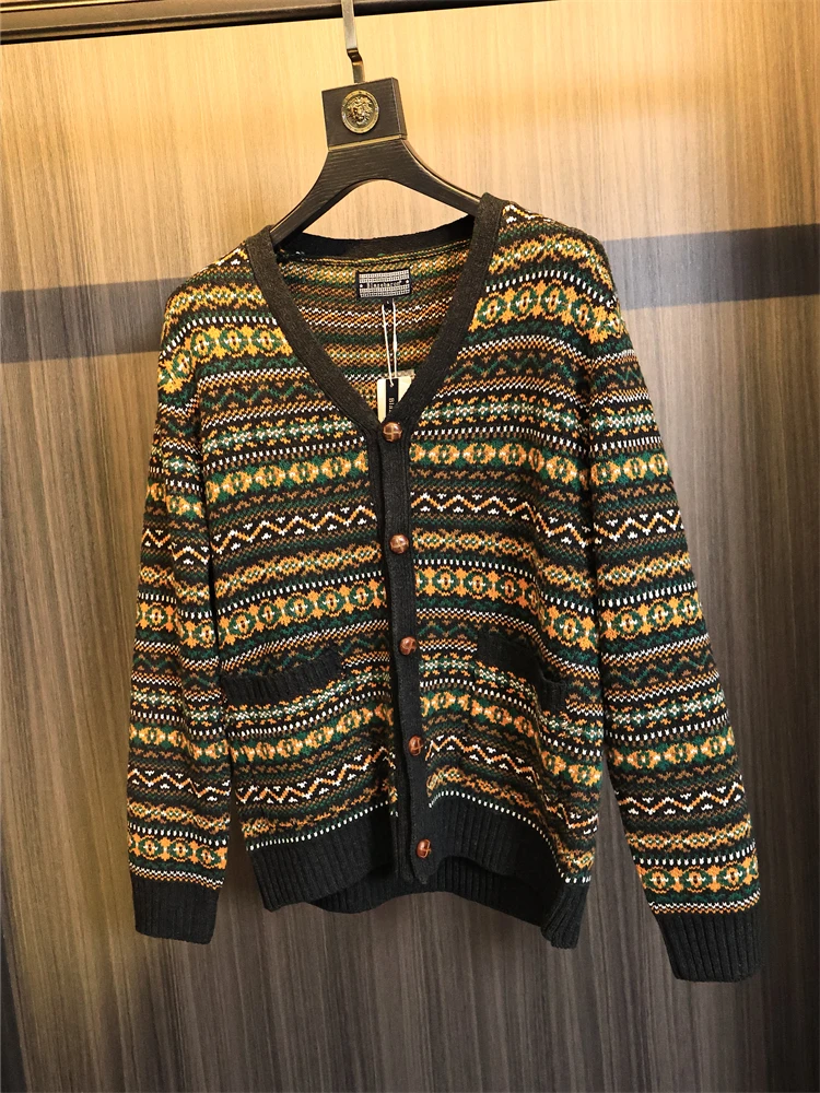 

Мужской вязаный кардиган Fell Island Sle с геометрическим узором, смешанная шерсть, модный городской V-Ne Long Sve, осень-зима