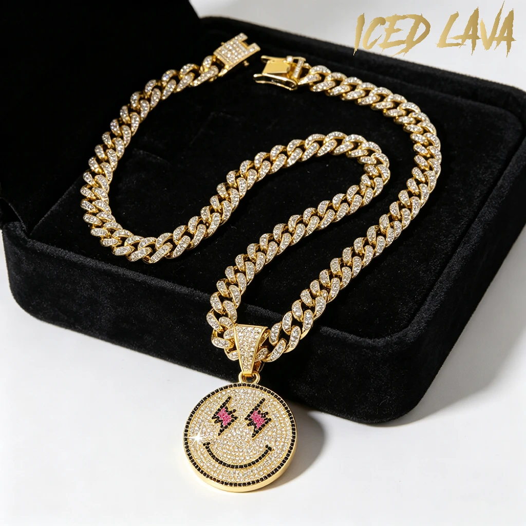 Hip Hop Smiley Face Lightning Eyes Round Pendant Cuban Chain Necklace Fashion Popular Daily And Party Wear Jewelry