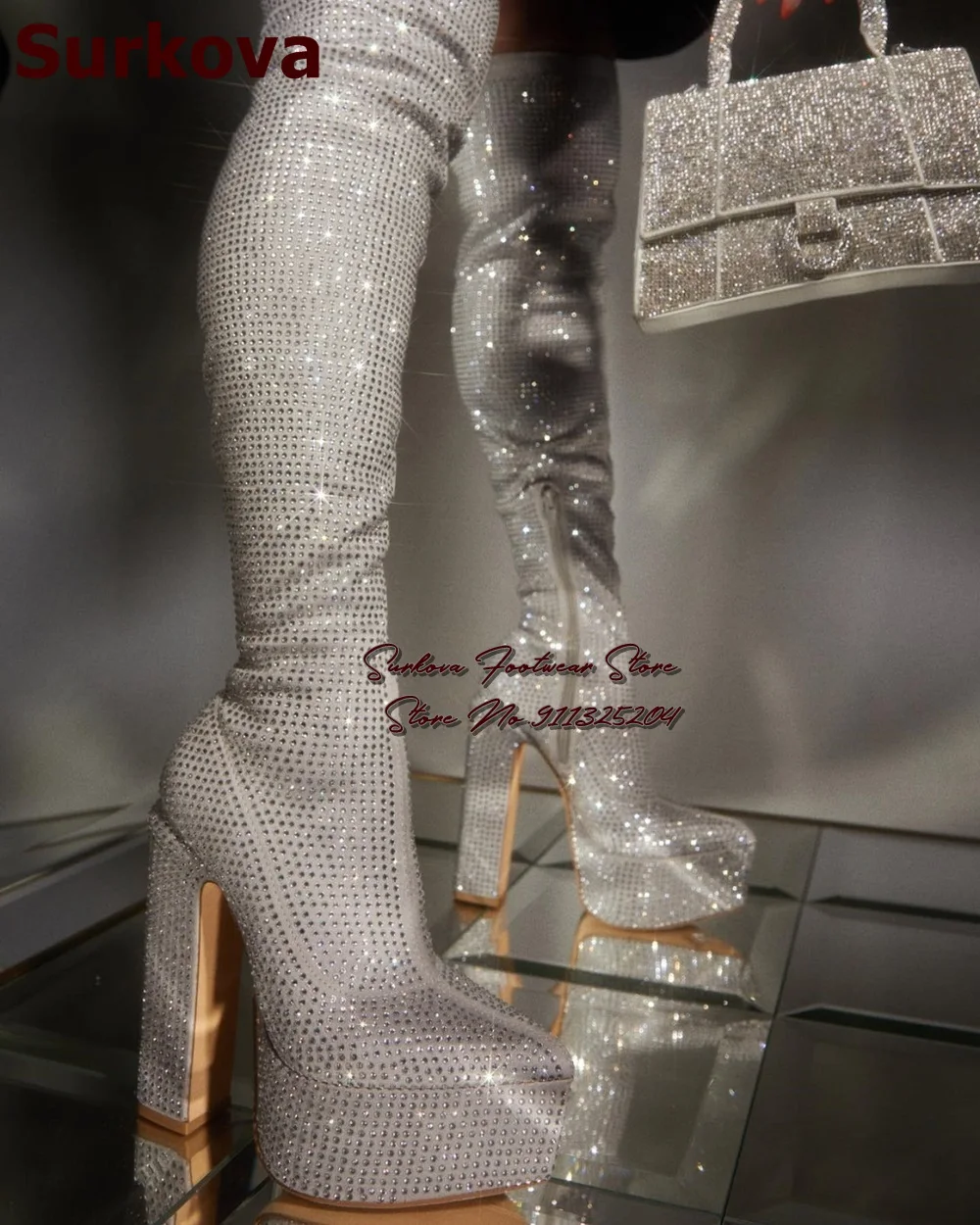 Surkova Red Silver Full Crystal Chunky Heel Thigh High Boots High Platform Bling Bling Rhinestone Over-the-knee Boots Zipped