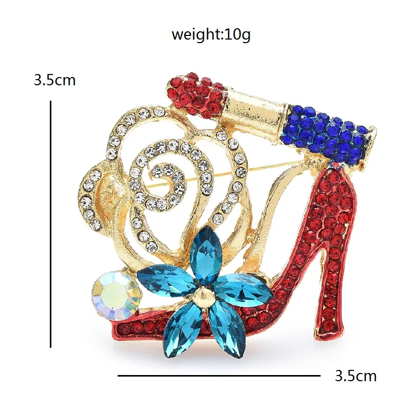 Wuli&baby Beautiful Lipstick High-heel Brooches For Women Unisex Shining Rhinestone Flower Shoes Party Casual Brooch Pins Gifts