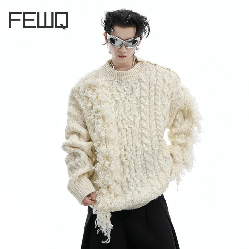 

FEWQ Korean Style Men's Sweaters Raw Edge Metal Button Pleated Solid Color Loose Irregular Casual Male Clothing Autumn 24E2352