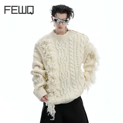 FEWQ Korean Style Men's Sweaters Raw Edge Metal Button Pleated Solid Color Loose Irregular Casual Male Clothing Autumn 24E2352