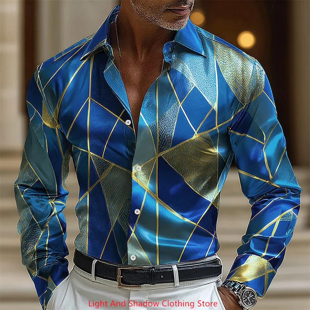 Men's Luxury Satin Long Sleeved Shirt with Geometric Diamond Print and Glossy Buttons, Retro Party Dance, Business Casual Top