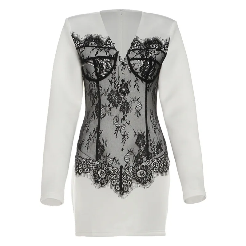 섹시한 딥 브이넥 블레이저 드레스 싱글 브레스트 숄더 패드 긴 소매 레이스 피트 미니 드레스 가을 오피스 레이디 스트리트웨어