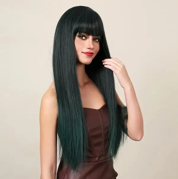 Long straight wig, dark green role-playing synthetic wig