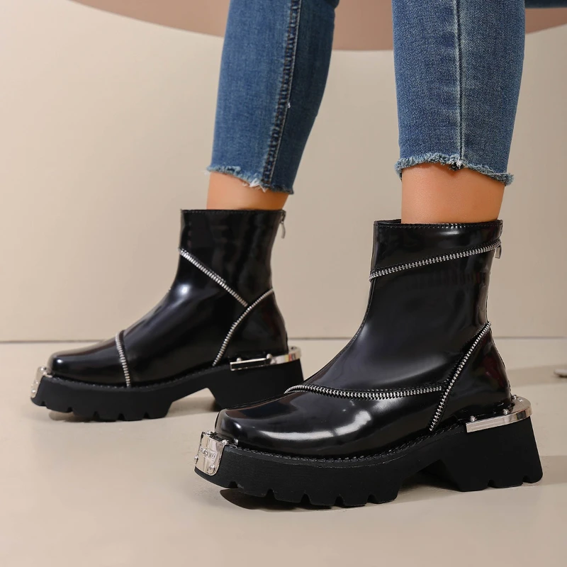 ربيع الخريف الأحذية الحديثة موضة زخرفة المعادن النساء Bootie سميكة وحيد كعب مربع أحذية مريحة الظهر سستة حذاء بوت بطول الكاحل #2