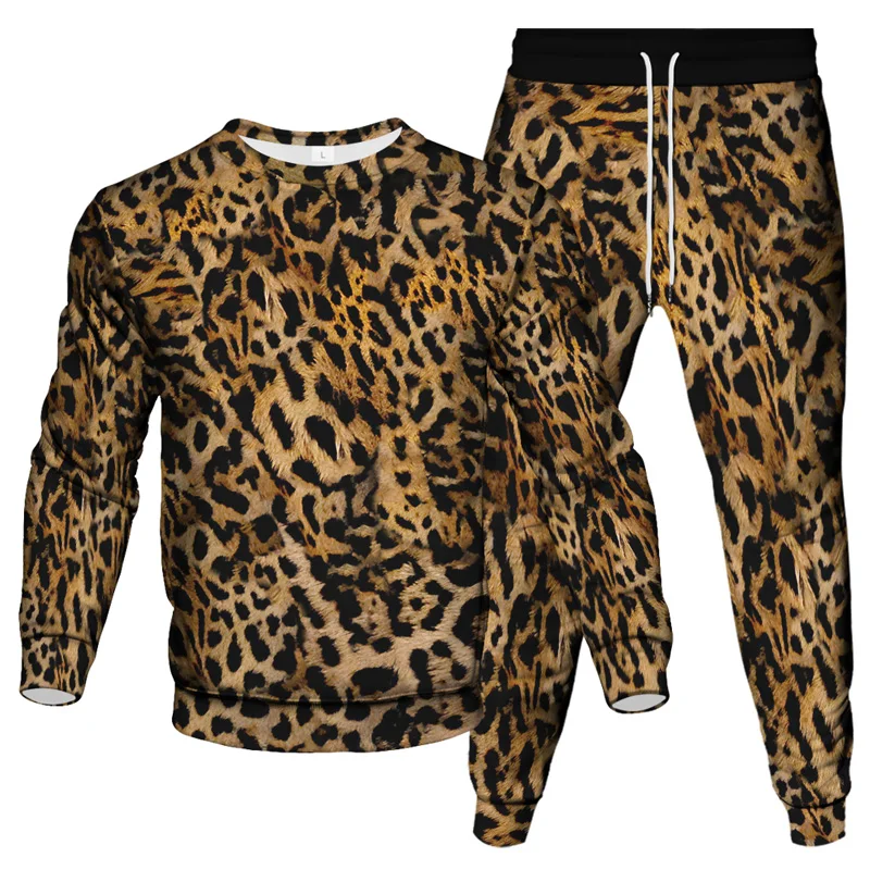 Vintage Style Men Tracksuit Animal Leopard Snake Florial Gold Chain Pattern Print Clothing Suit Man Sweatshirt Pant 2Piece Sets